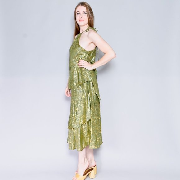 CLAIRE KANE Senegal Green & Gold Tiered Dress M EUC $338 - Picture 5 of 6